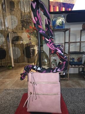 Women's Pink Crossbody Bag with Patterned Scarf Strap